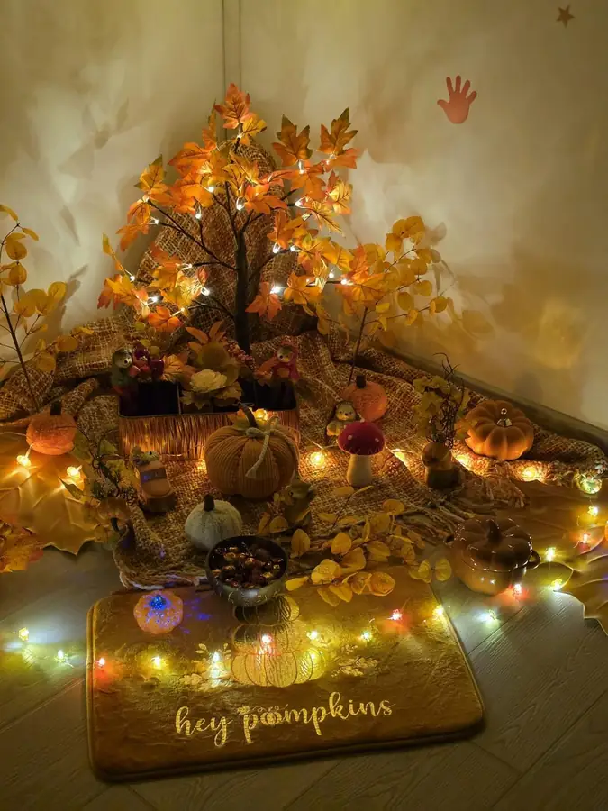 Colțul de toamnă noaptea, cu instalația de luminițe aprinsă și dovlecii luminați